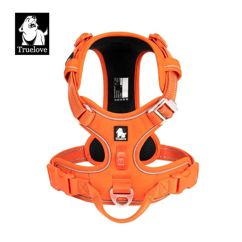 High-visibility orange TRUE LOVE adventure dog harness shown from the front